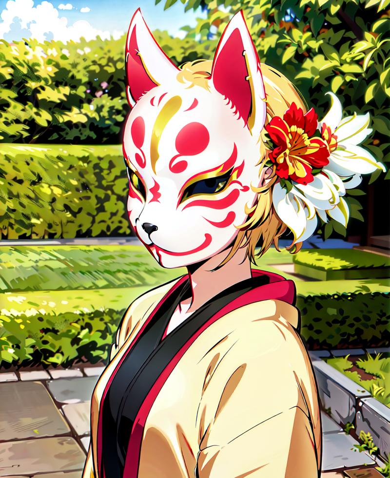 19938-3969576571-kitsunemask  close up, a person wearing a golden kitsunemask on face,  in a jacket, in a garden with beautiful flowers.png